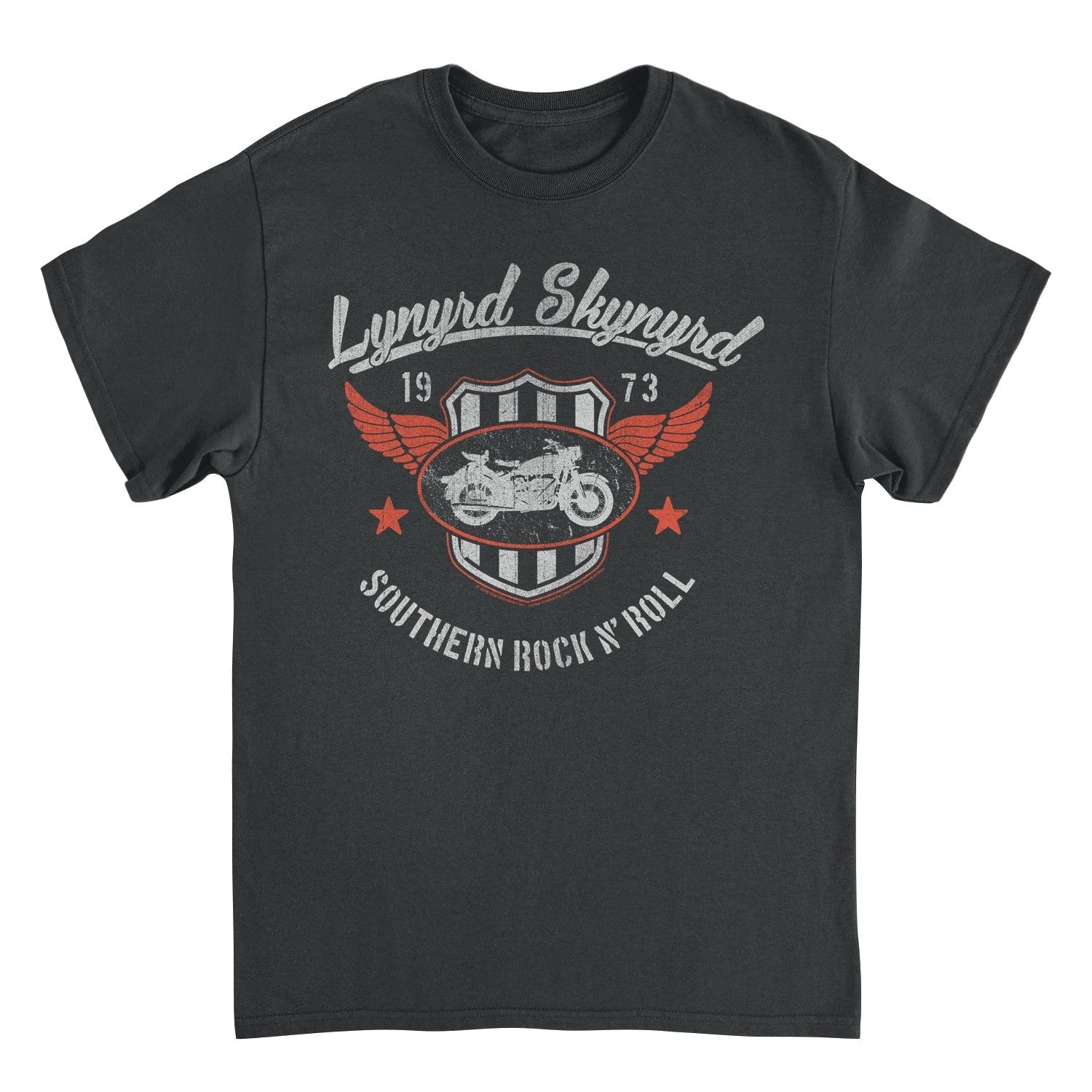 Black t-shirt with Lynyrd Skynyrd graphic design on a white background