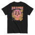 A black crew neck t-shirt with a graphic print of a skull and the text &