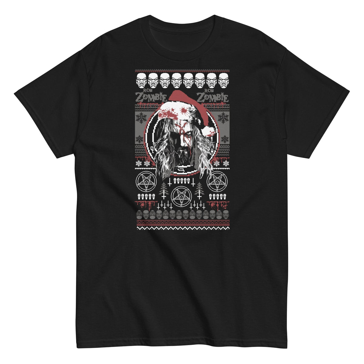 A black crew neck t-shirt with a graphic print of a Santa hat and skull design, part of the Rob Zombie Classic T-Shirts Collection.