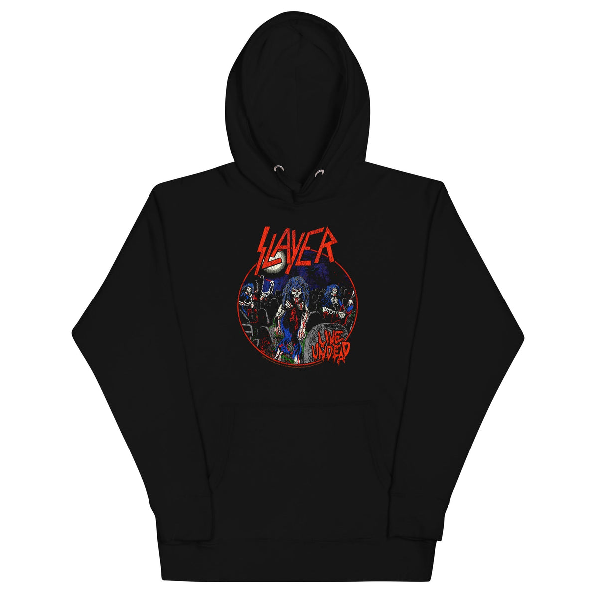 Black hoodie with Slayer band graphic on a white background