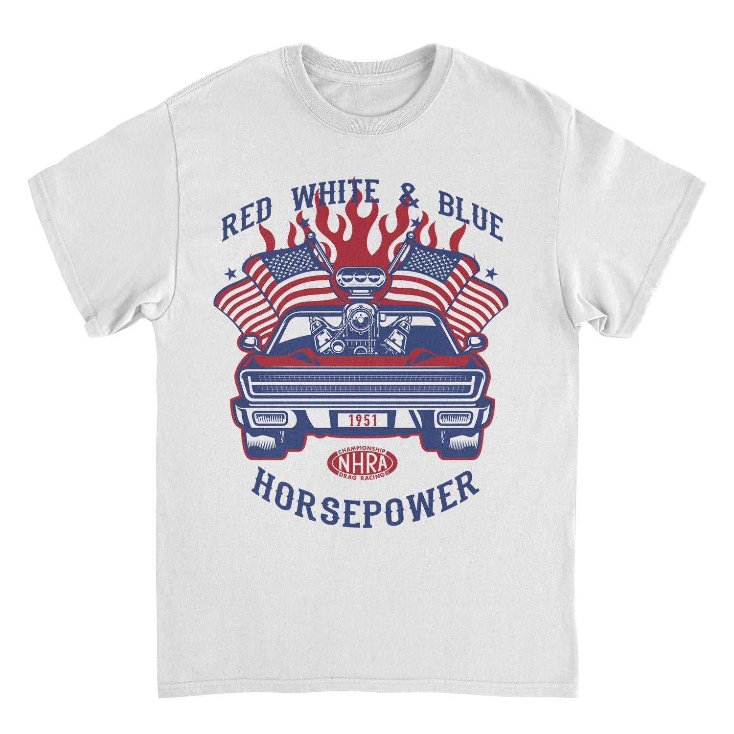 NHRA Red White and Blue Horsepower Red Heat White T-Shirt