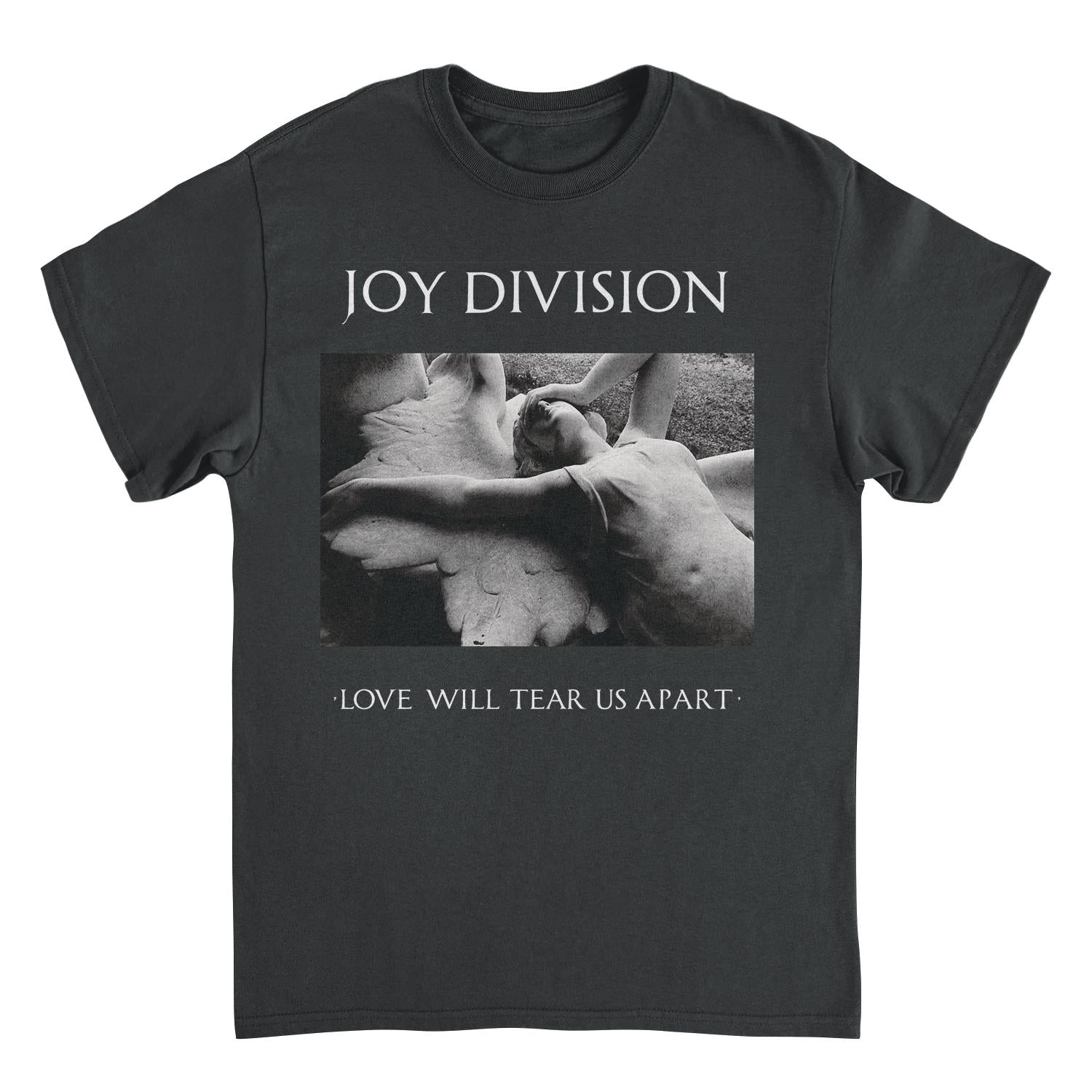 Black t-shirt with Joy Division album cover design featuring a black and white photo and text.