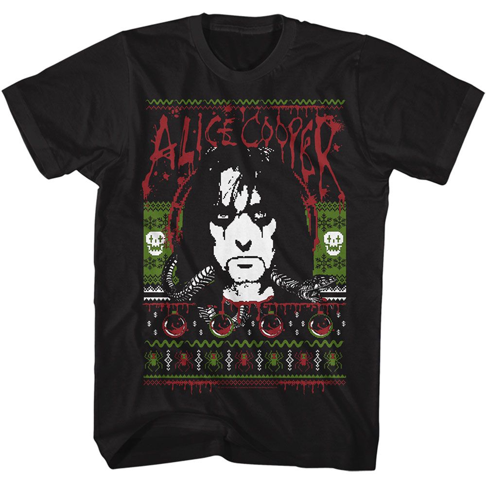A black T-shirt featuring a graphic design with Alice Cooper&