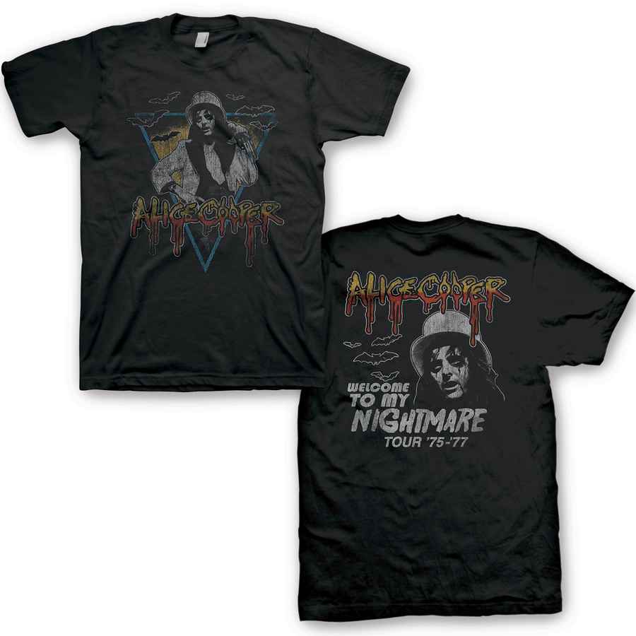 Alice Cooper themed black t-shirt with graphic print of the artist and text &