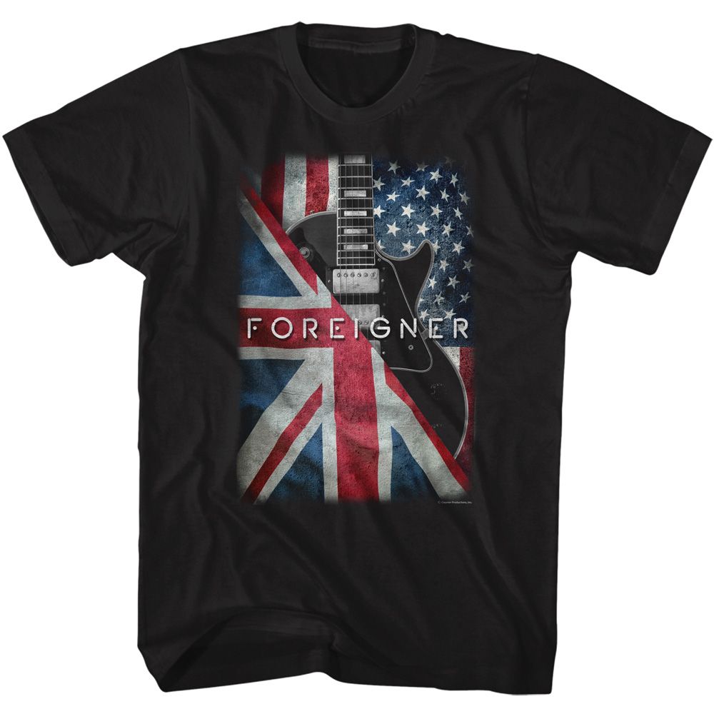 Black t-shirt with a guitar design featuring the Union Jack and American flag, and the word &