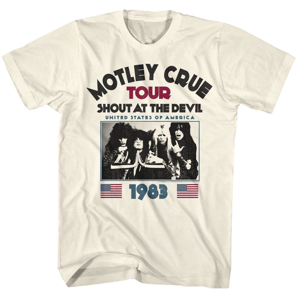 Beige t-shirt with Motley Crue graphic design featuring band members and text.