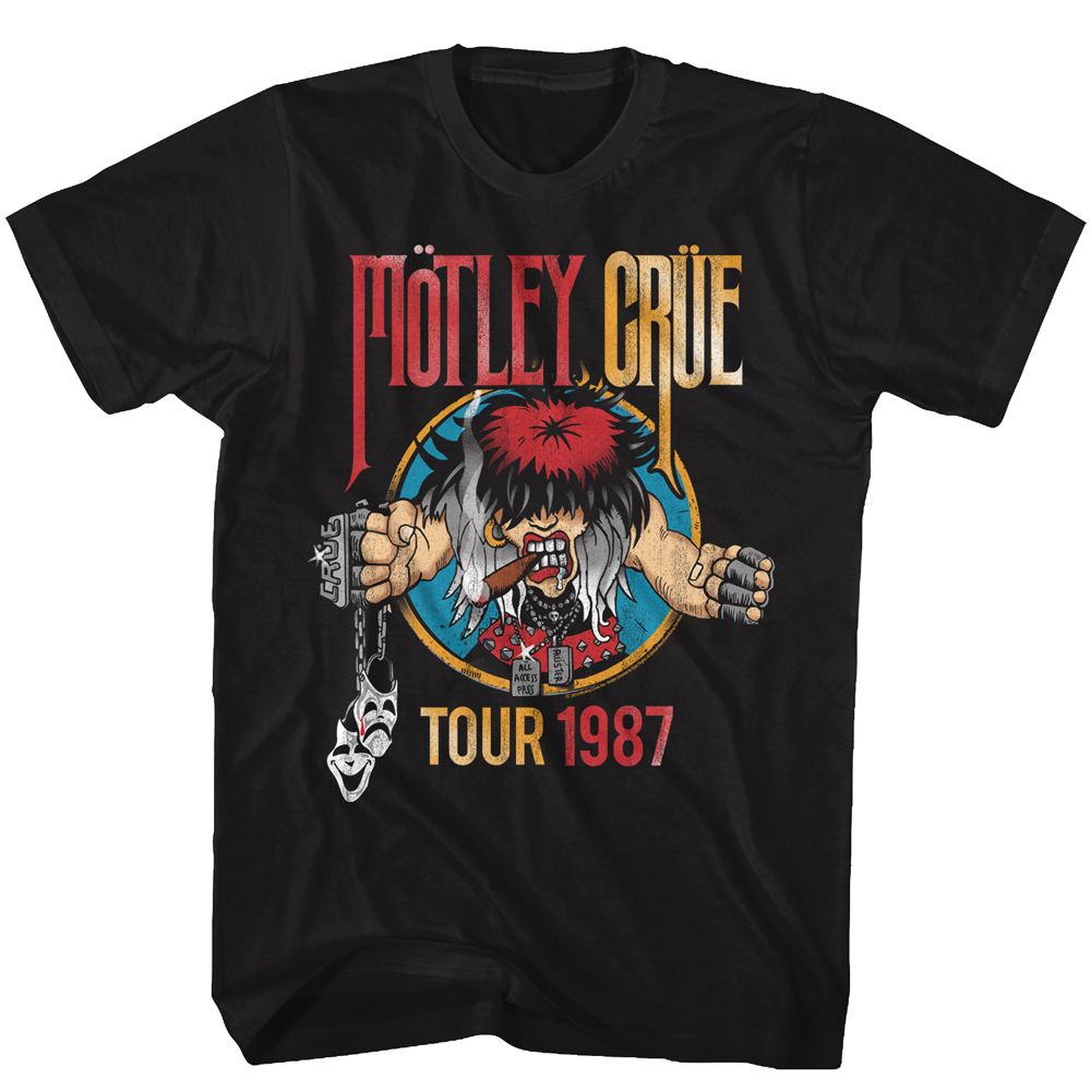 Black t-shirt with Mötley Crüe graphic design featuring a character holding a microphone and text &