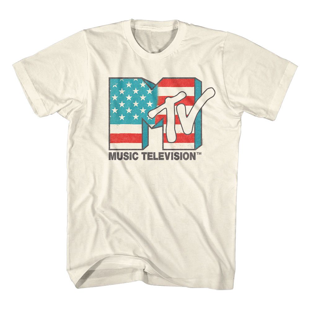 White t-shirt with retro MTV logo featuring American flag design on a white background