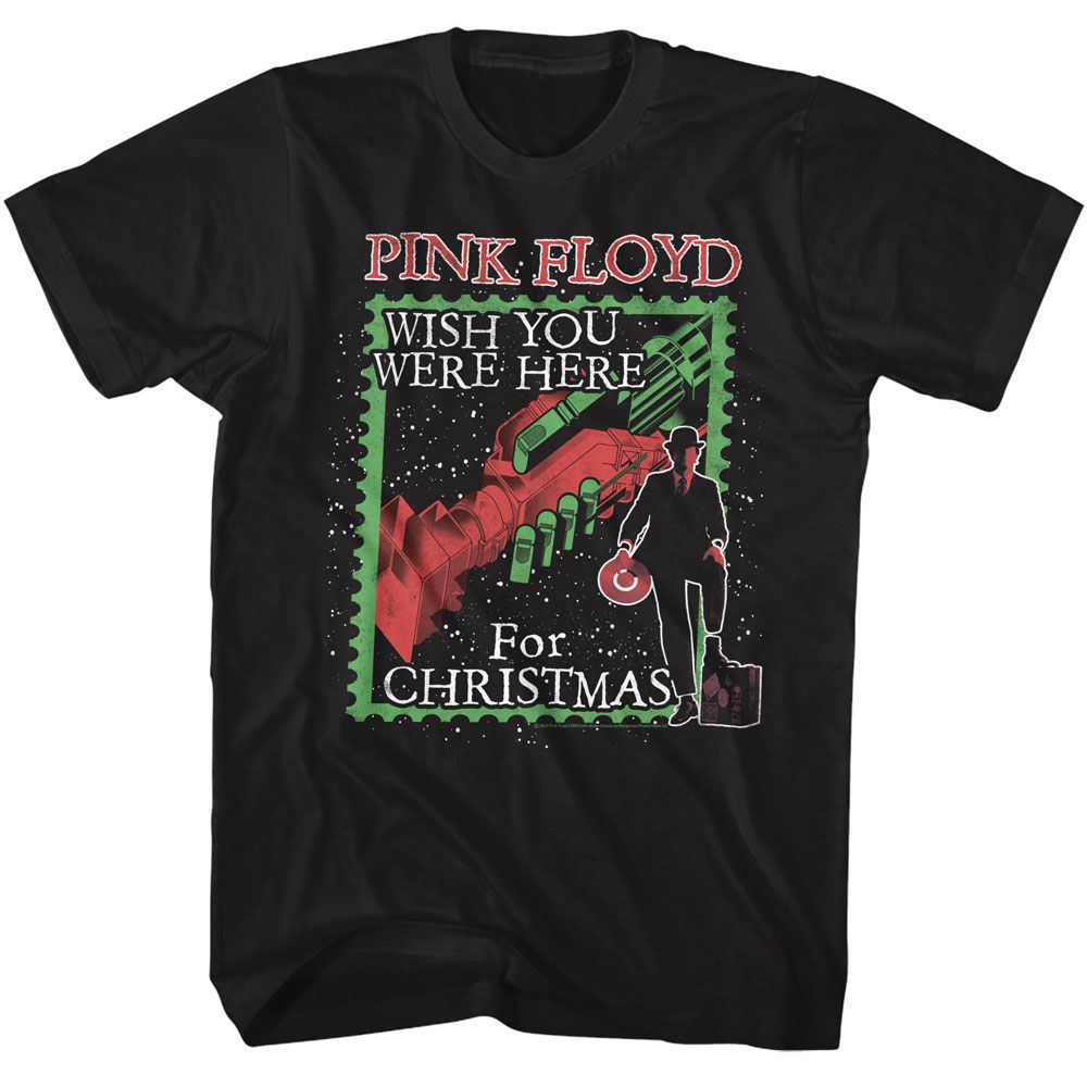 A black Pink Floyd themed t-shirt with a Christmas message and graphics related to the band.