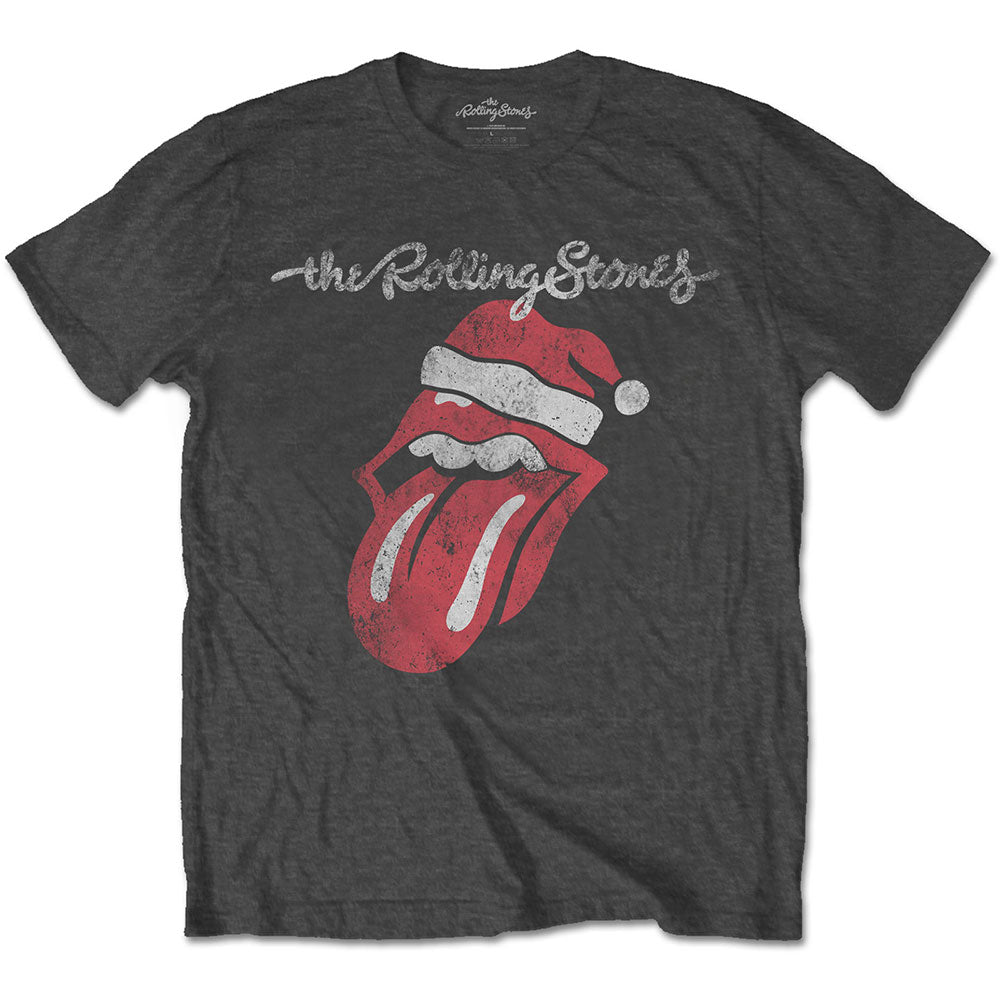 The image displays a charcoal grey Rolling Stones T-shirt featuring the iconic tongue logo with a Santa hat design, available in various sizes.