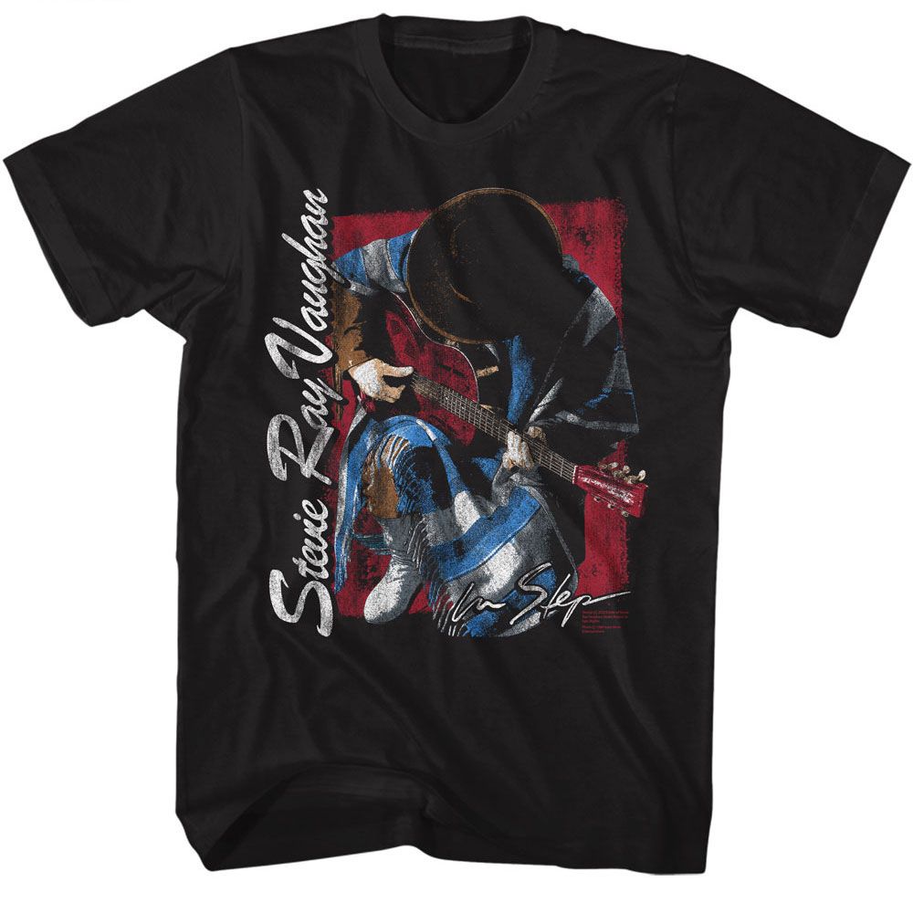 Black t-shirt featuring an eye-catching graphic print of Stevie Ray Vaughan playing a guitar.