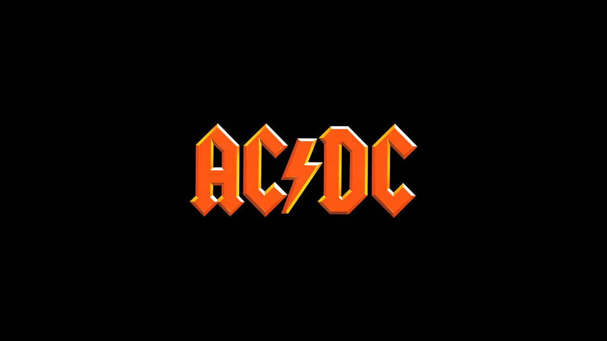 AC/DC orange and gold lightning-bolt logo on black