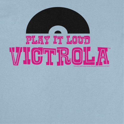 Victrola Half Vinyl Play it Loud Retro Record Company Light Blue T-Shirt