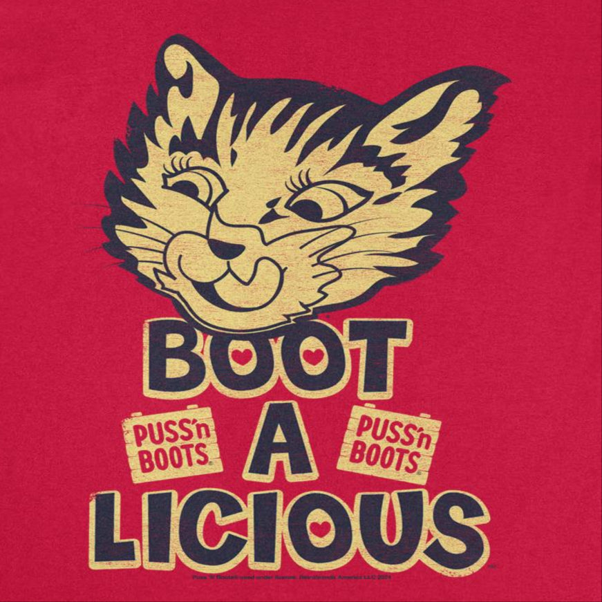 Puss n Boots Boot a Licious Retro Cat Food Red T-Shirt