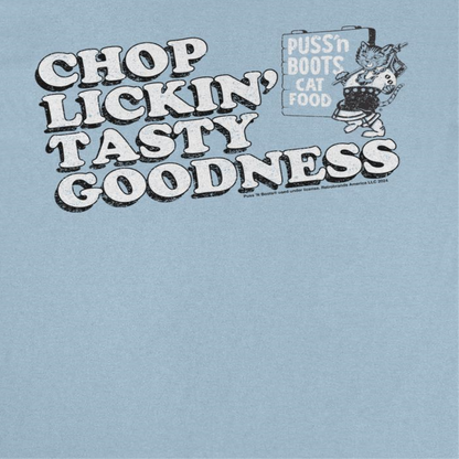 Puss n Boots Retro Cat Food Chop Lickin Light Blue T-Shirt