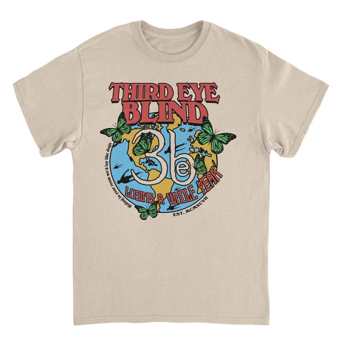 Beige t-shirt with Third Eye Blind graphic design on a white background