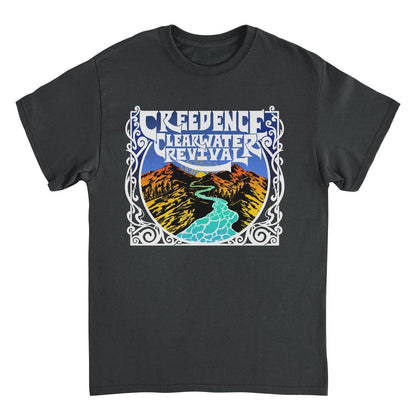 Black t-shirt with Creedence Clearwater Revival graphic design on a white background