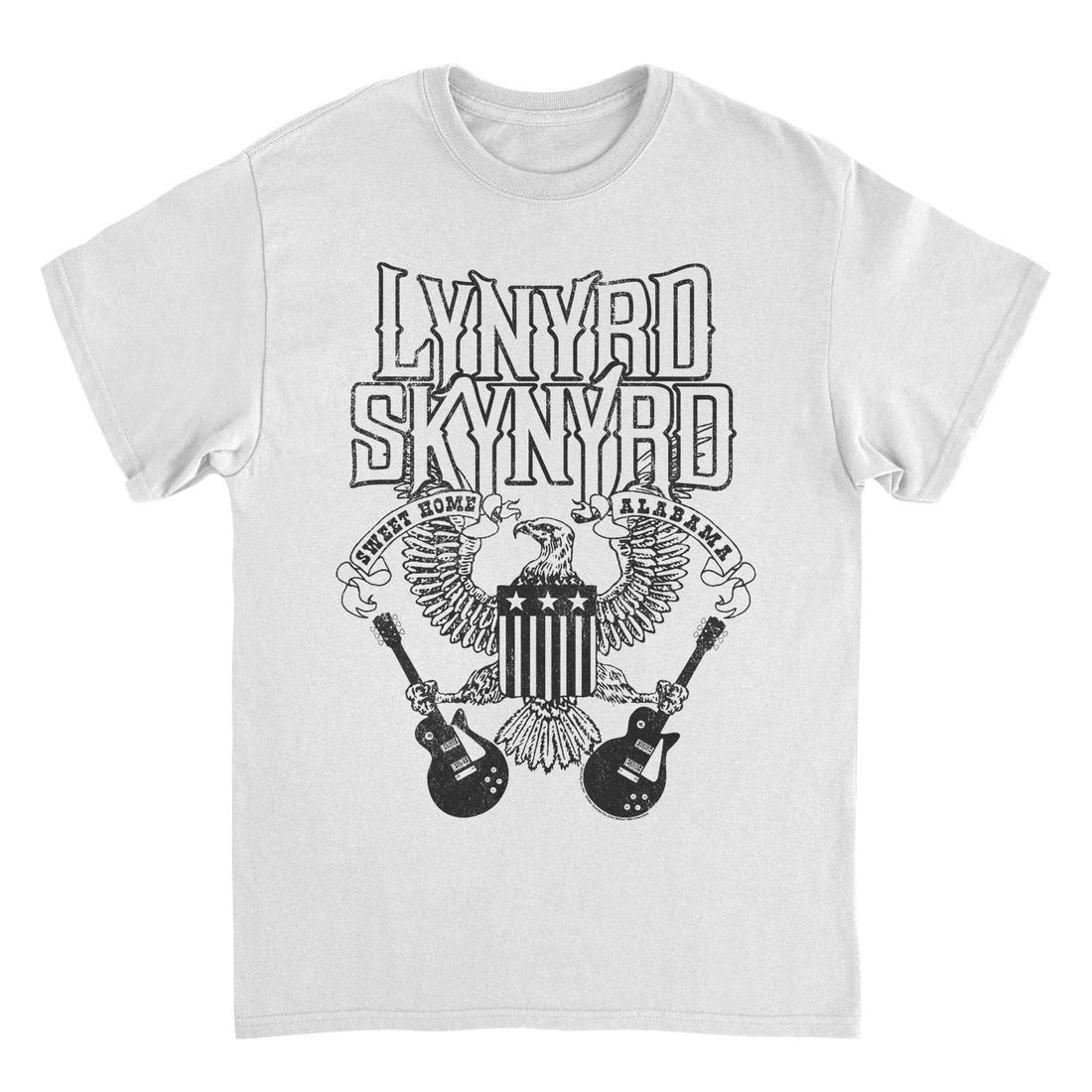 White t-shirt with Lynyrd Skynyrd graphic design featuring an eagle and guitars on a white background.