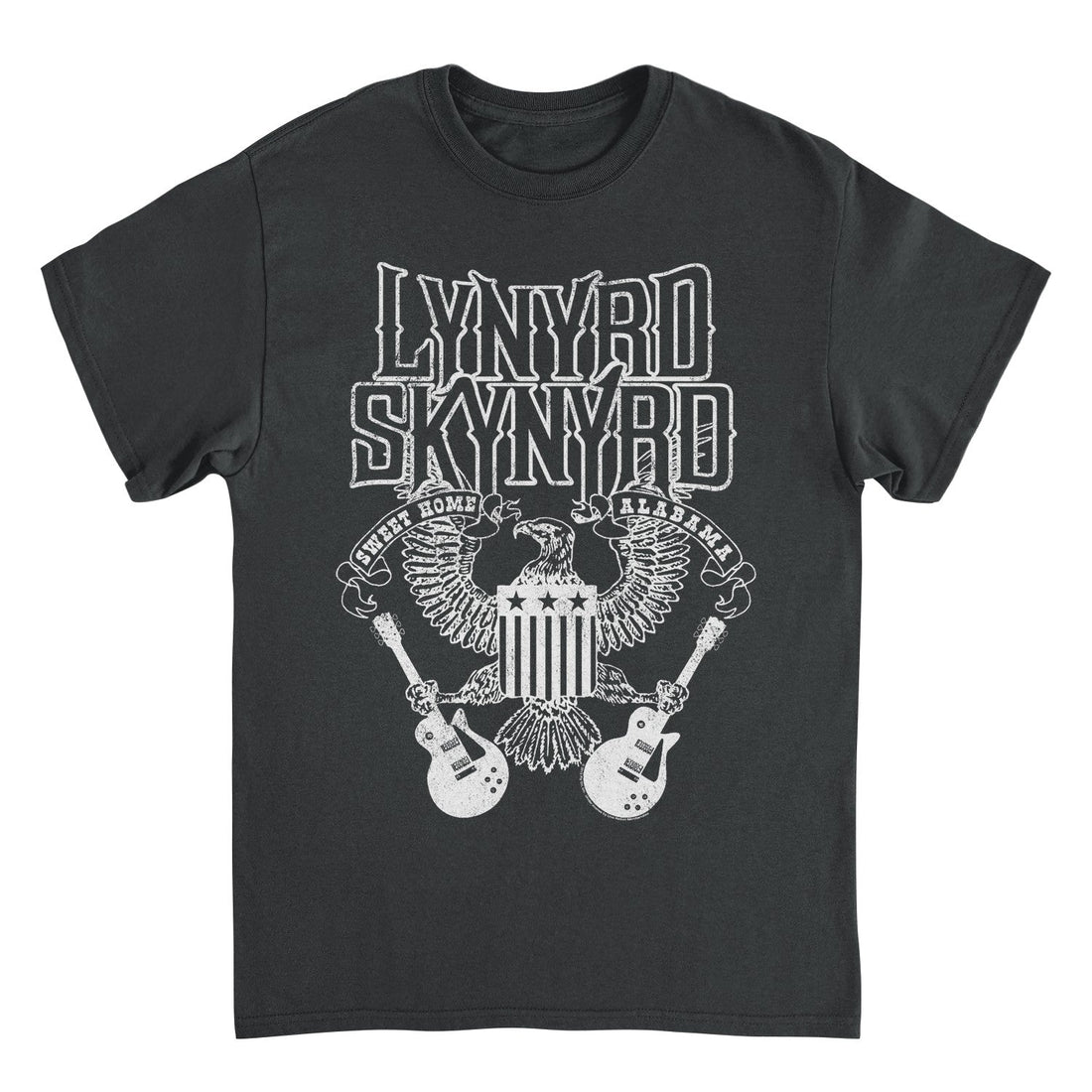 Black t-shirt with Lynyrd Skynyrd logo featuring an eagle and guitars on a white background