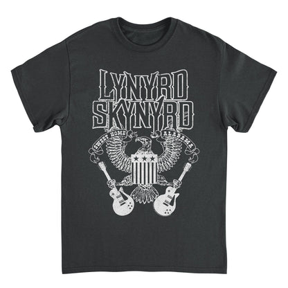 Black t-shirt with Lynyrd Skynyrd logo featuring an eagle and guitars on a white background
