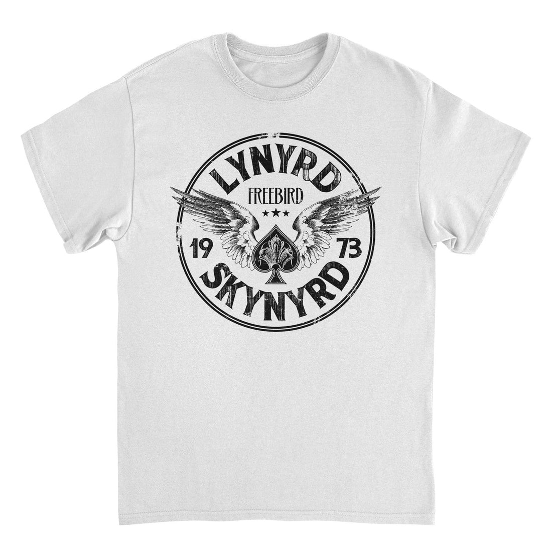 White t-shirt with Lynyrd Skynyrd logo featuring an eagle and text on a white background