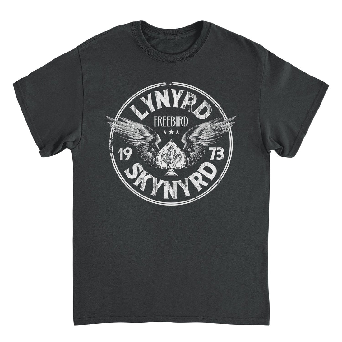 Black t-shirt with white graphic design featuring &