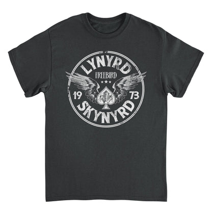 Black t-shirt with white graphic design featuring &