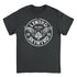 Black t-shirt with white graphic design featuring &