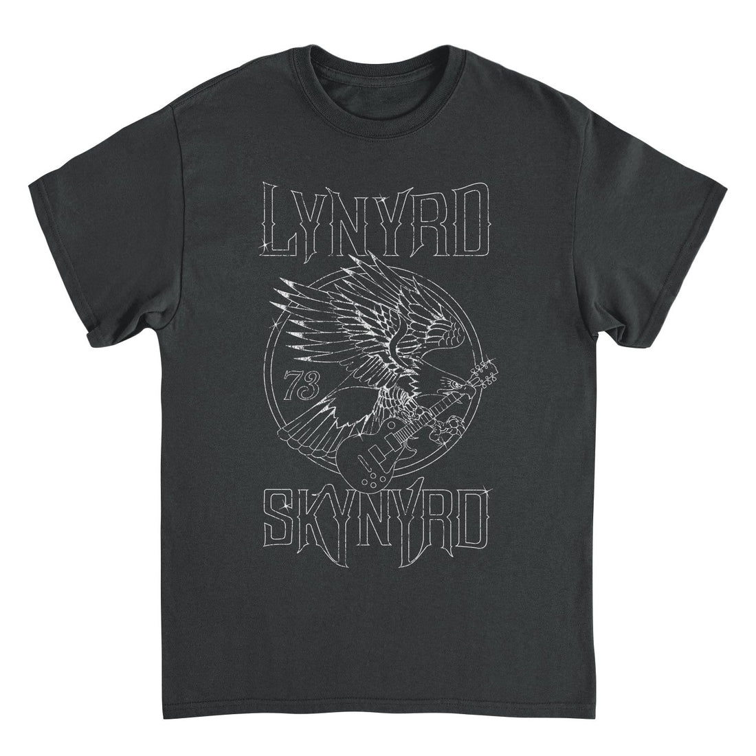 Black t-shirt with white graphic design featuring an eagle and guitar, and &