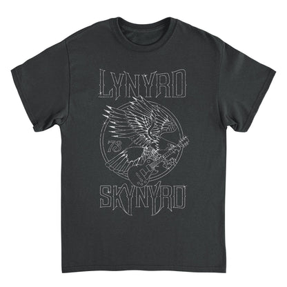 Black t-shirt with white graphic design featuring an eagle and guitar, and &