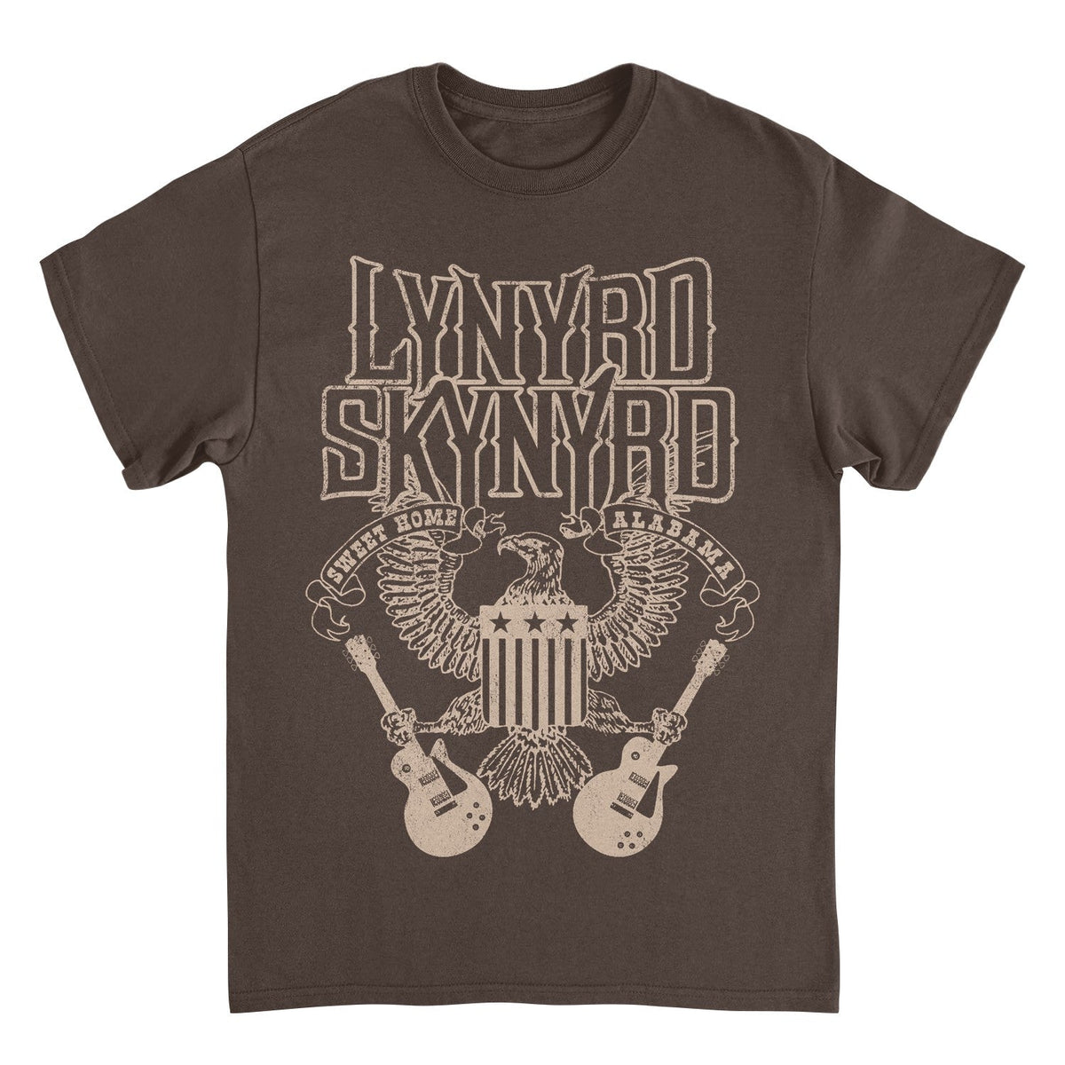 Brown t-shirt with Lynyrd Skynyrd logo and design on a white background