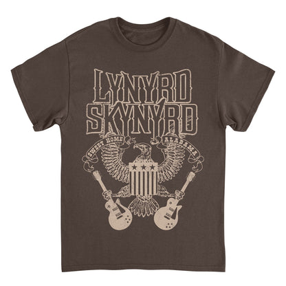 Brown t-shirt with Lynyrd Skynyrd logo and design on a white background