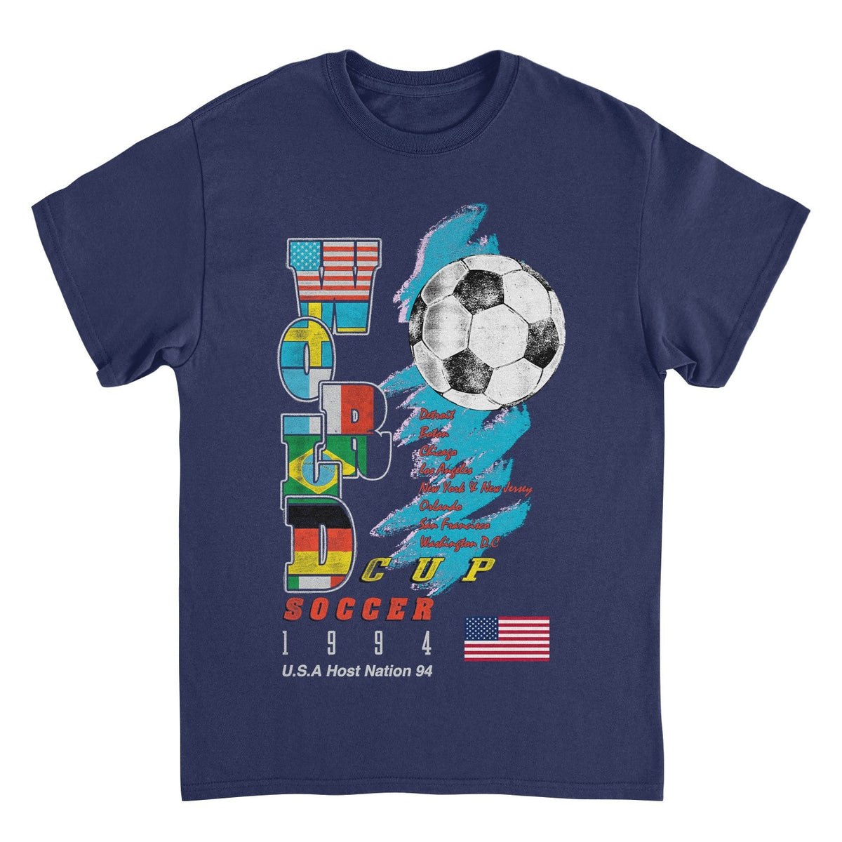 Navy blue t-shirt with World Cup 1994 graphic featuring a soccer ball and各国国旗.