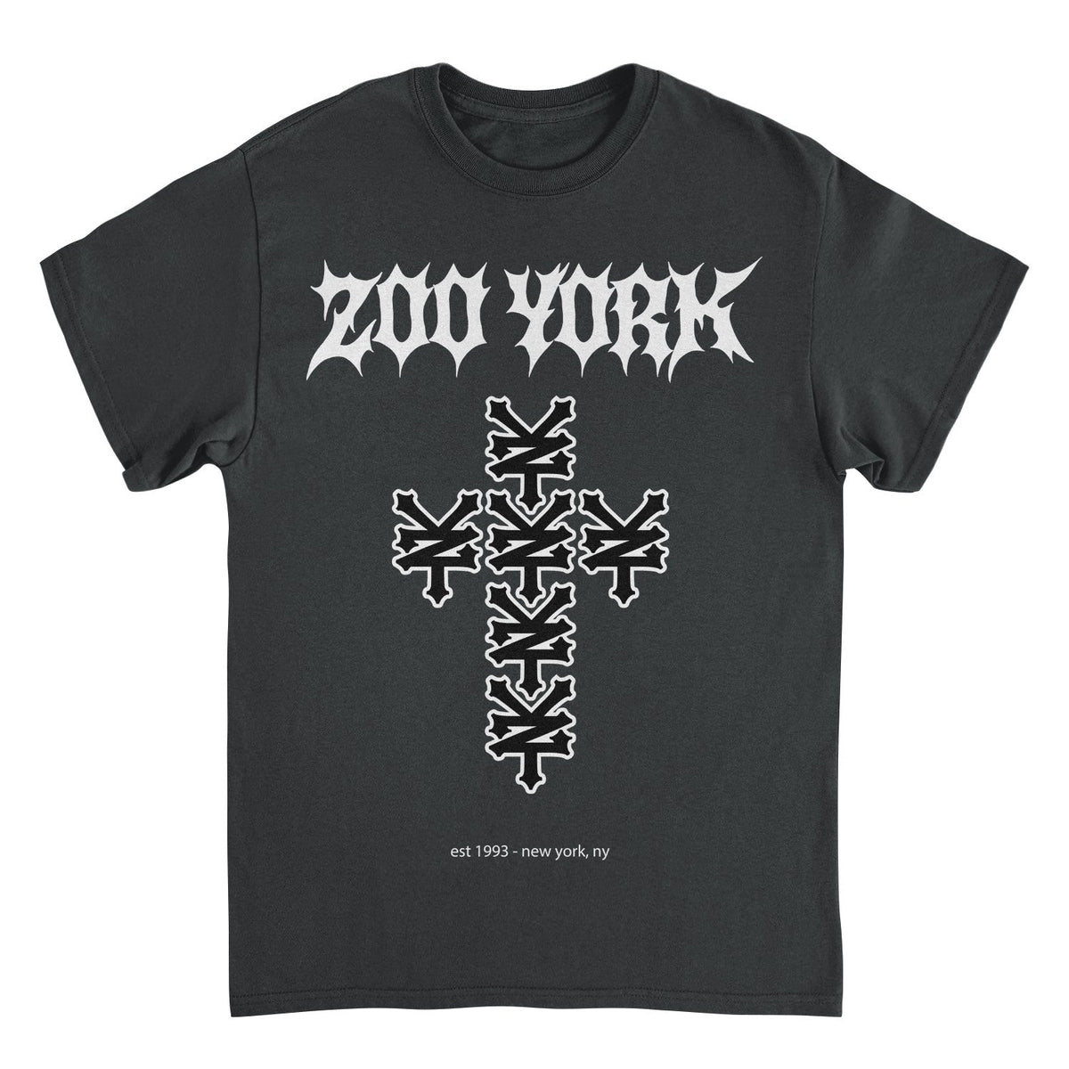 A dark charcoal gray short-sleeve t-shirt with a white graphic print. The design features the word &