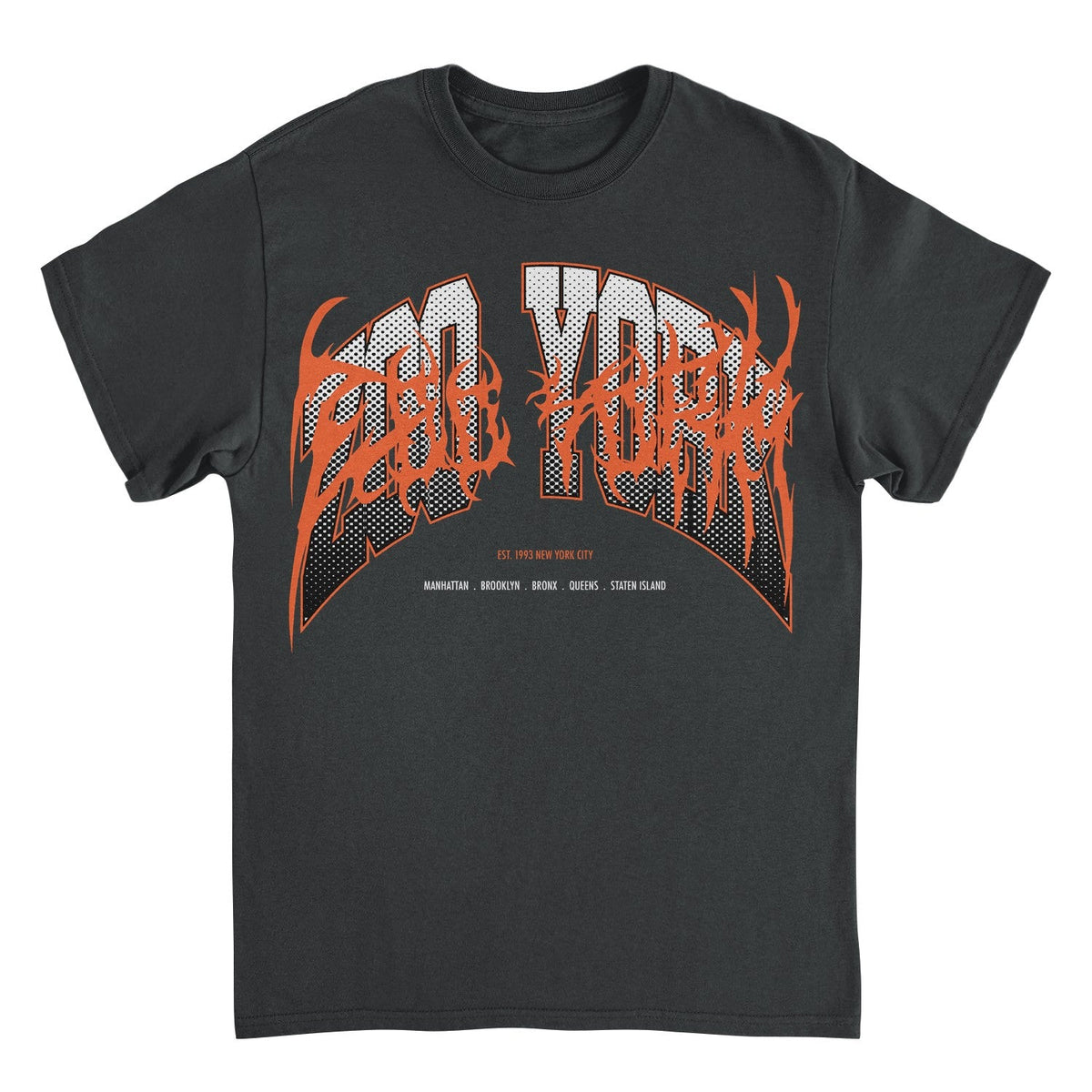 A dark charcoal gray t-shirt with a large orange and white graphic on the front reading &