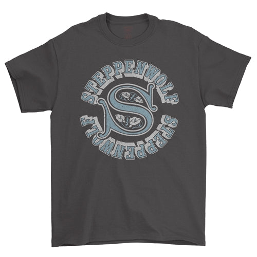Gray t-shirt with Steppenwolf logo on a white background