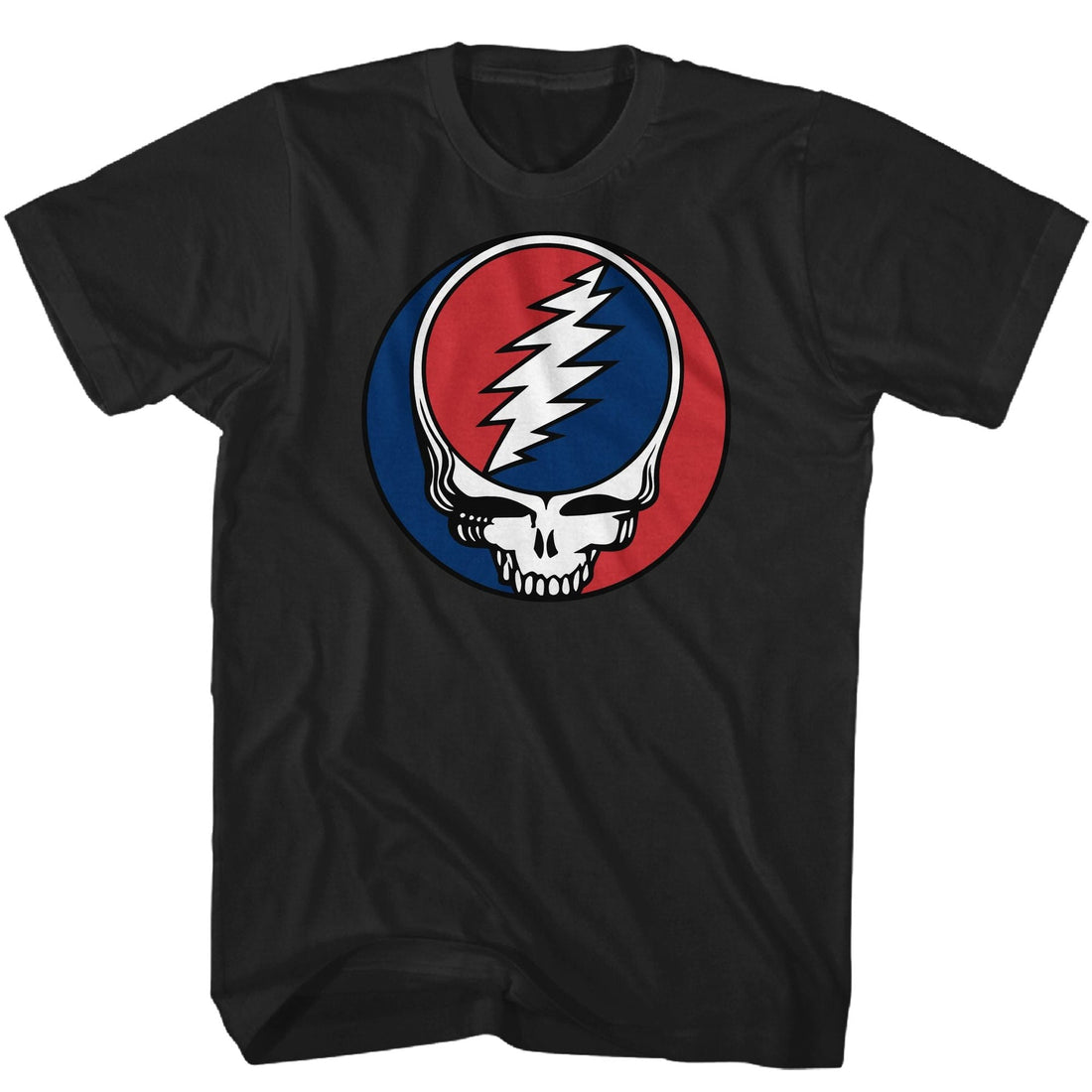 Black t-shirt with a colorful Grateful Dead logo on a white background