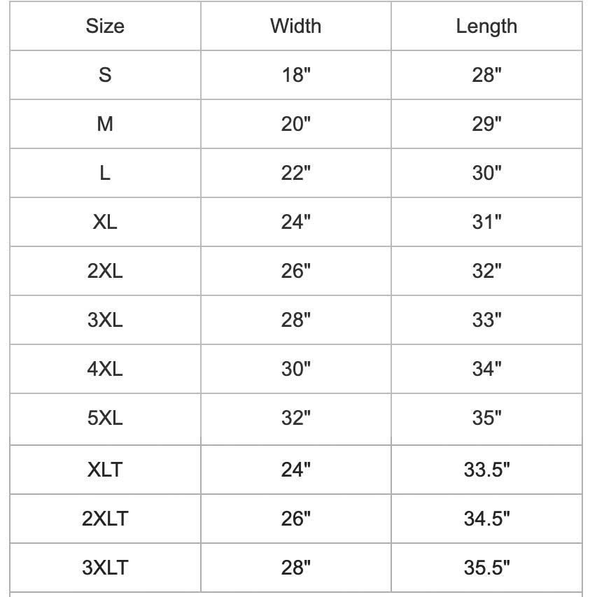 SIZE CHART  Authentic Band Merch