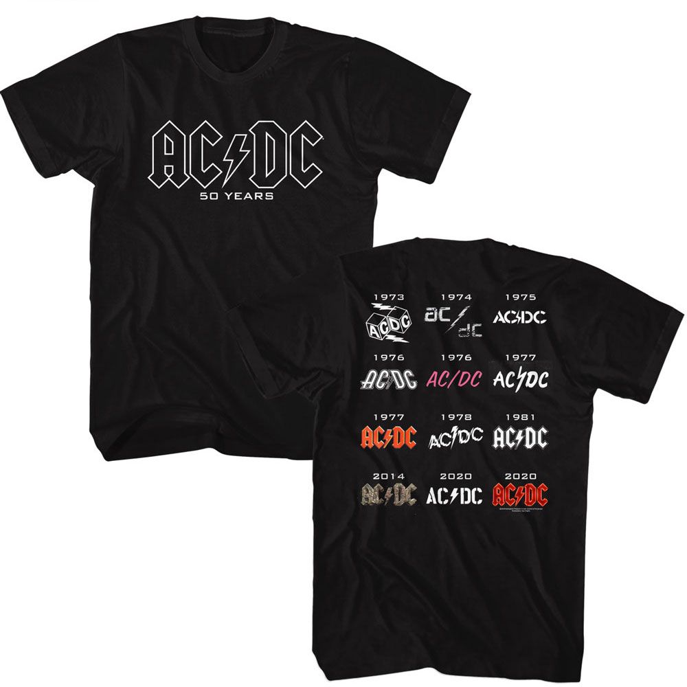 AC/DC Eye-Catching T-Shirt, 50 Years Logos – Authentic Band Merch
