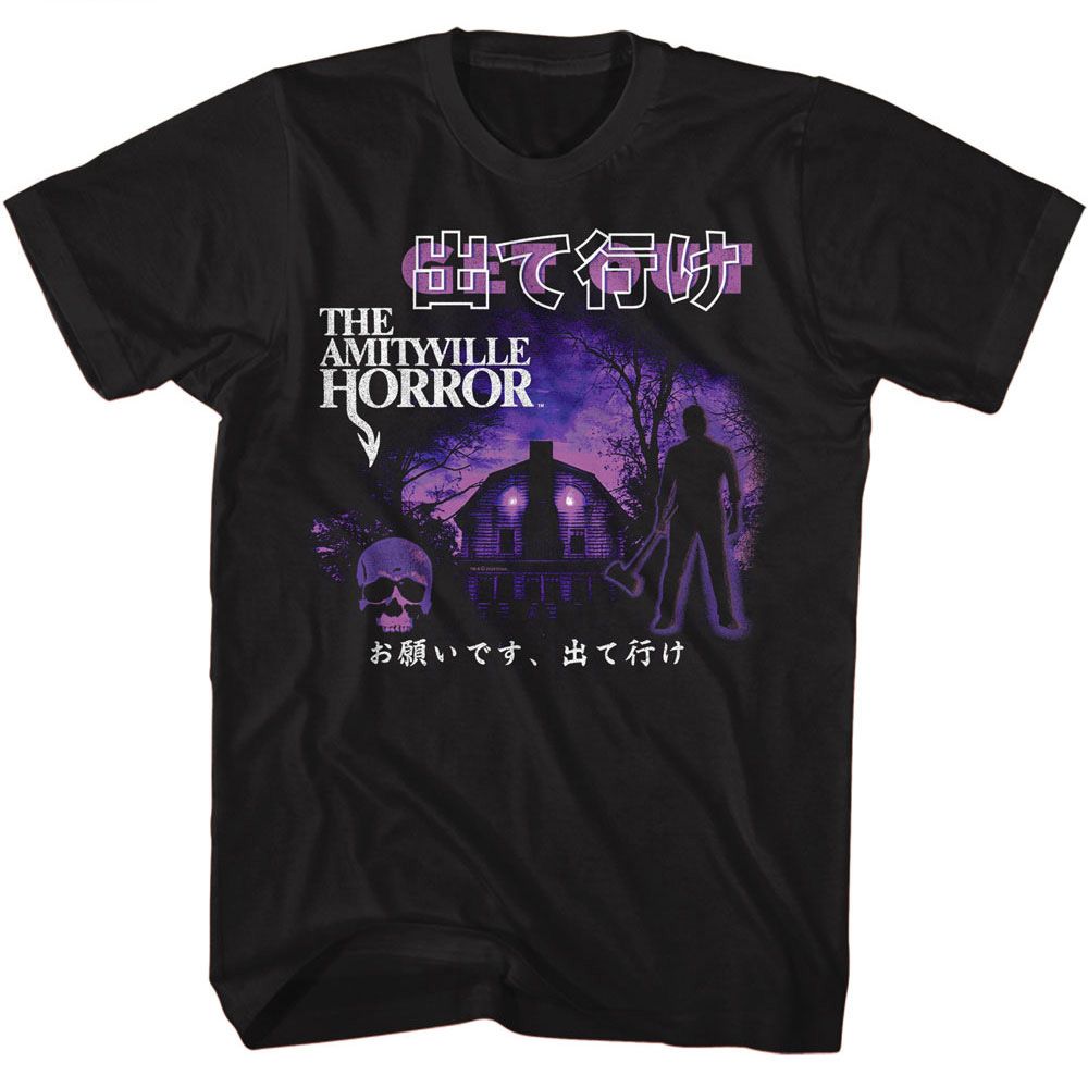 AMITYVILLE HORROR Eye-Catching T-Shirt, HORROR GET OUT IN JAPANESE