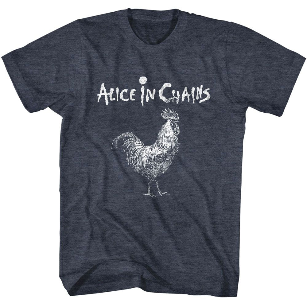 Alice In Chains band t-shirt featuring a graphic of a rooster on a heather gray background.