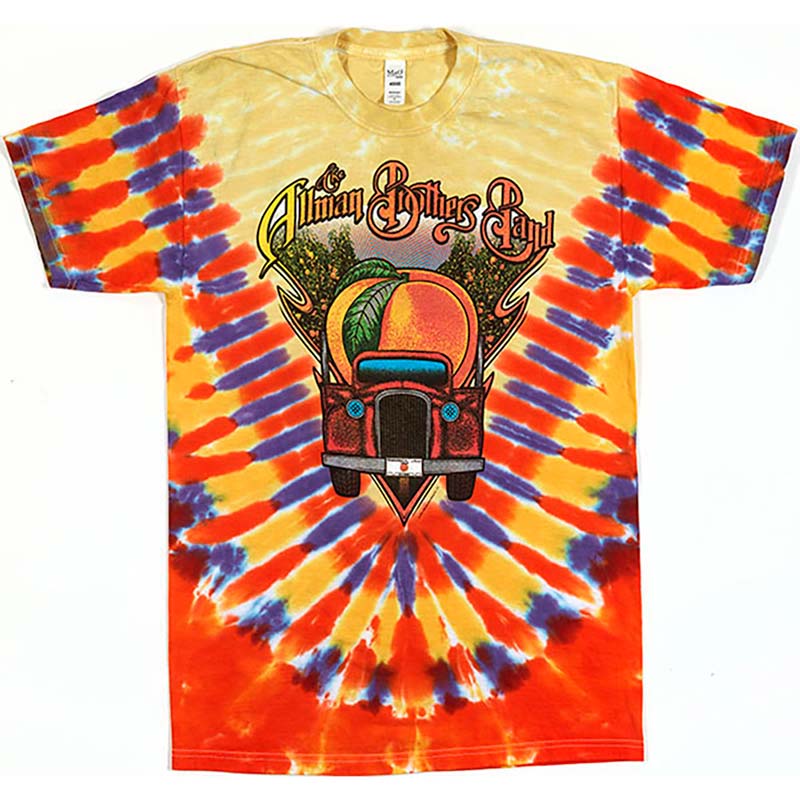 An officially licensed tie-dye T-shirt featuring the Allman Brothers Band logo in a multicolor design predominantly in orange, yellow, and blue.