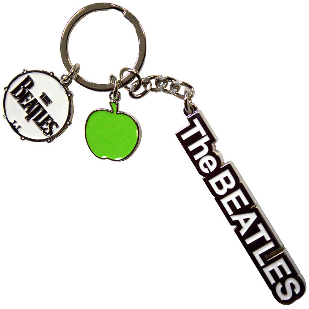 THE BEATLES Keychain, Text Logo Drop T Drum &amp; Apple Charms