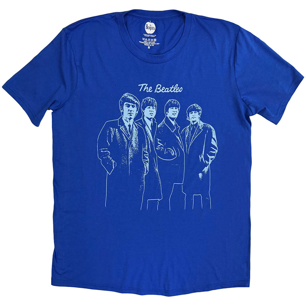 Blue t-shirt with white graphic of The Beatles on a white background