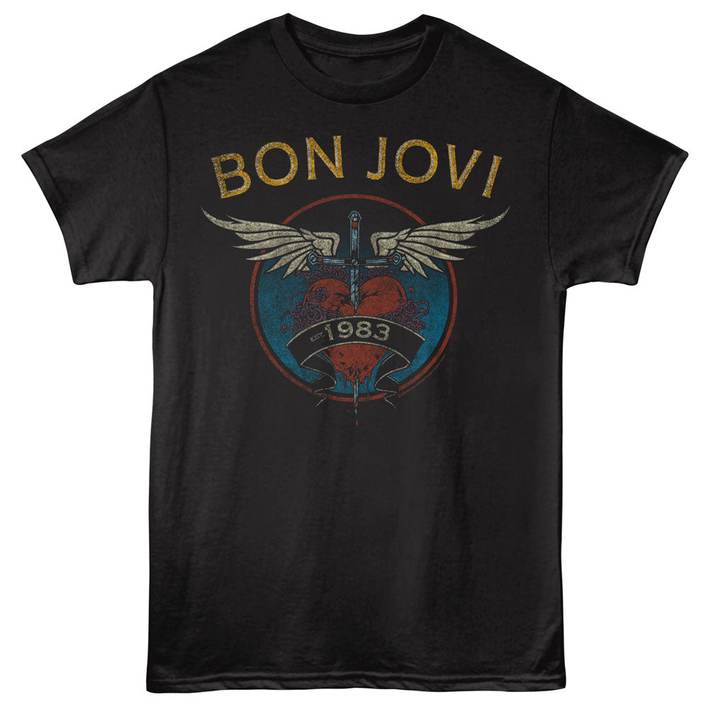 Black t-shirt with Bon Jovi logo featuring wings and &