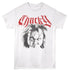 White t-shirt with a graphic of a character&