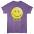 Purple t-shirt with a yellow smiley face and &