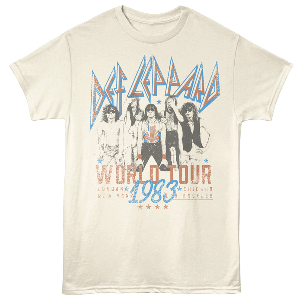 Beige t-shirt with Def Leppard graphic and text on a white background