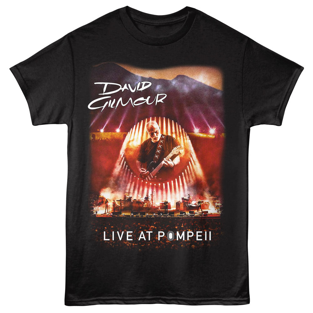 Black t-shirt with David Gilmour Live at Pompeii design on a white background