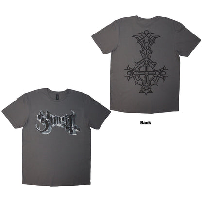 GHOST Attractive T-Shirt, Chrome Logo &amp; Crucifix Outline